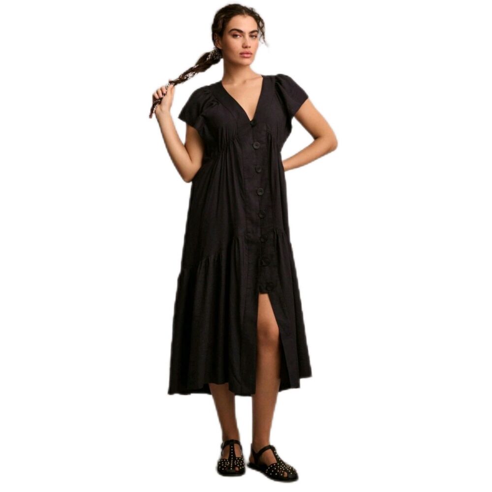 By Anthropologie Renee Flutter Sleeve Linen Button Front Midi Dress Women's XXS